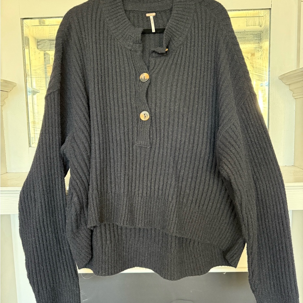 Free People Cocoa Henley Pullover Sweater in Black
